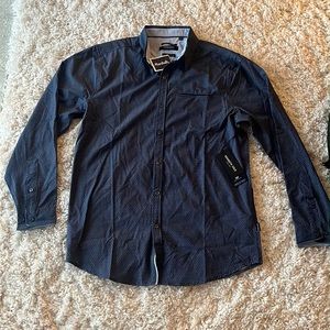 Kenneth Cole Mens Blue Geo Mobility Woven Stretch Slim Fit LS Shirt